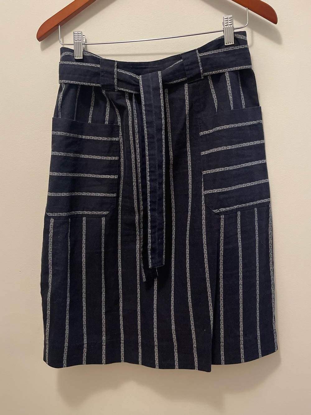 Paraphrase Navy and White Vertical-Stripe Tie-Waist A-Line Skirt - Picture 4 of 9